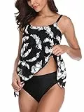 FLYILY Tankini da Donna in Rete Costume da Bagno Set da 2 Pezzi Tikini con Slip a Vita Alta Taglie Forti(Feather,2XL)