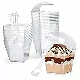 CoKeeSun 60 tazze da dessert con coperchi e cucchiai da 200 ml, quadrate da dessert, in plastica, riutilizzabili, per dessert con budino, mousse, ghiaccio, Iream