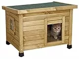 Casetta per gatti in legno Kerbl Rustica, porta a doghe, finestra in plexiglas, piedini in plastica regolabili in altezza, marrone/verde, 57 x 45 x 43 cm