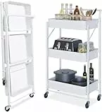 Dripex Carrello Portaoggetti Pieghevole a 3 Ripiani in Metallo con Ruote, Carrello Mobile per Cucina, Bagno, Ufficio, Lavanderia, Colore: Bianco
