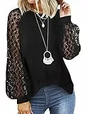 Tuopuda Camicia Donna Camicette Girocollo Maglie a Manica Lunga Tunica Bluse Maniche a Palloncino Elegante Magliette in Pizzo Casual Shirts Tops Classico Autunno Inverno, Nero, M