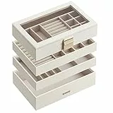 SONGMICS Scatola Portagioie con 4 Vassoi Impilabili, Porta Gioielli Capiente, Coperchio in Vetro Chiaro, 17 x 28 x 18,3 cm, per Cassetto Toeletta, Idea Regalo, Bianco JBC164W01