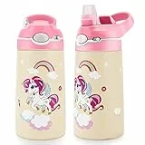 JYPS Borracce per bambini da 400 ml con cannuccia per ragazze, borraccia Unicorno in acciaio inox per la scuola, isolate sottovuoto, borraccia in metallo che può mantenere freddo o caldo (Arcobaleno)