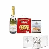 Re Regalo KIT DEGUSTAZIONE 'PENSIERO DI NATALE' Cesto con Panettone Paluani, Cantuccini con Gocce di Cioccolato, Spumante dolce Chiostro Palatino Vesprino, Prodotti di Alta Qualità, Idea Regalo Natale