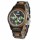 BEWELL Uomo Orologi in legno Movimento al quarzo da Orologio da polso in legno multifunzione elegante fatto a mano con datario