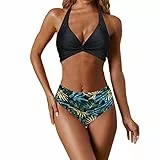NLAND Bikini Push Up Due Pezzi Costumi da Bagno Donna Costume High Waisted Bikini Beachwear Estivi Bikini Beachwear(Stampa Foglia Nera M)