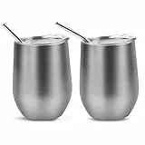 Bicchiere da vino a doppio isolamento,tazza isolata sottovuoto a doppio stratoinox con coperchi e cannucce per vino, caffè, bevande, champagne, cocktail, 350ml, 2 set