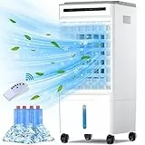 Raffreddatore d'aria Grande, Condizionatore Mobile Silenzioso, Condizionatore Evaporativo 4 in 1, Timer da 1 a 7 ore, 3 Modalità, 3 Velocità, Ioni Negativi, Serbatoio da 5 L, Ruote, Telecomando