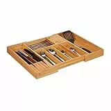 relaxdays Portaposate in Legno di bambù, Estraibile, 2 Blocchi per Coltelli, 5-7 Scomparti, HLP 5x56x43 cm, Naturale