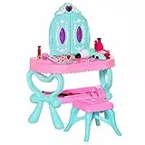 HOMCOM Set 2 in 1 da 32 Pezzi Toeletta per Bambine 3-6 Anni, Tavolo per Trucco con Accessori e Pianoforte, 49.5x23x66 cm, Blu e Rosa