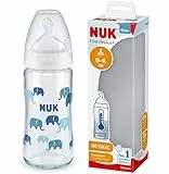 NUK biberon in vetro First Choice+ | 0-6 mesi | Controllo della temperatura | Tettarella in silicone | Valvola anti-colica | BPA | 240 ml | Elefanti