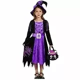 FORMIZON Costume da Strega Bambina, Vestito da Strega per Bambini, Abito da Strega Viola con Cappello, Sacchetti di Caramelle, Travestimento Costumi di Halloween Carnevale per Ragazze 5-12 Anni (L)