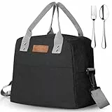 GeeRic 7.5L Borsa Termica+Forchetta+Cucchiaio con Tracolla Regolabile Impermeabile Prova Perdita Riutilizzabil Borsa Frigo Porta Pranzo Cibo Organizzatore per Picnic Scuola Ufficio Adulto Bambini Nero