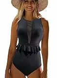 NLAND Costume Intero Donna Controllo della Pancia Costumi Interi da Scollo Rotondo Monokini Mare Spiaggia Swimsuit Costumi Interi da Bagno Vita Alta Volant(Nero,XXL)