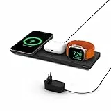 Belkin Caricabatteria wireless 3 in 1 con MagSafe, tappetino di ricarica rapida MFi, caricatore wireless per iPhone 15, 14, 13, 12, Apple Watch 9, 8, 7, Ultra e precedenti, AirPods 2, AirPods Pro