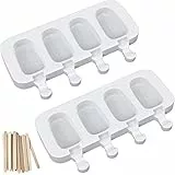 2PCS Stampi Ghiaccioli, Gelato, Ice Cream Mould, in Silicone Cavità Ovali Classiche 4, per Popsicle, DIY Homemade, con 50 Bastoncini di Legno (bianca)
