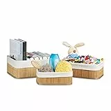 Relaxdays Cestino da Bagno Portaoggetti, Pratico Set da 3, Fodera in Tessuto, Bambù, Rettangolare, Giochi, Naturale