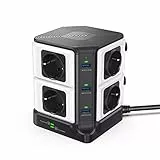 BESTEK Multipresa Ciabatta Elettrica con 8 Prese Schuko e 6 Porte USB, Multipresa Elettrica Verticale con Interruttori Indipendenti(1500J Surge Protezione, 3600W/16A, Cavo 3m)-Nero