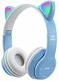 kieyeeno Cuffie per Bambini Senza Fili Stereo, Bluetooth Cuffie Adulti Orecchie di Gatto da Gioco con Microfono,Over-Ear Cuffie FM LED RGB Micro SD per Scuola Tablet Viaggio Blu