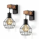 ENCOFT 2pz Lampada da Parete Interna Gabbia Vintage, E27 Applique da Parete Industriale, Luce Illuminazione da Muro in Metallo e Legno, per Soggiorno Camera da Letto, Nero