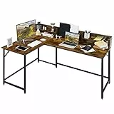 GYMAX Scrivania per Computer a Forma di L, Postazione di Lavoro Angolare per Computer Salvaspazio con Rack per File e 2 Ripiani, Tavolo da Gioco Industriale da 166cm con Telaio (Marrone rustico)