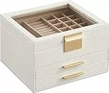 SONGMICS Scatola Portagioie, 3 Livelli, Coperchio in Vetro, 2 Cassetti, Porta Gioielli, Capiente, Moderno, Idea Regalo, Bianco Nuvola JBC239WT