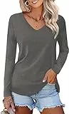 T Shirt Donna Maglietta a Manica Maniche Lunga Donna Maglie con Scollo a V Tee Shirt Casual Elegante (C-Grigio Scuro, M)