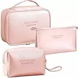 LEcylankEr 3 Pezzi Beauty Case da Viaggio Donne, Porta Cosmetici Portatile, Borsa da Toilette in PU, Set per il Trucco Impermeabile e Resistente (Rosa)