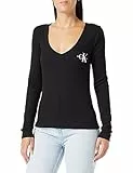 Calvin Klein Jeans Monologo Manica Lunga con Scollo a V a Costine L/S Top in Maglia, CK Black, M Donna