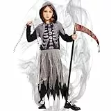 colmanda Costume da Grim Reaper Ragazza, Costume da Scheletro con Catena in Vita e Falce Giocattolo, Morte Costume di Halloween, Costume da Mietitore Vestito Bambino, Vestito Nero la Morte (M)