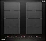AMZCHEF piano cottura induzione con due zone flessibili, piano induzione 4 fuochi con funzionamento silenzioso (42dB), 9 livelli e booster - Funzione BBQ, funzione pausa e mantenimento in caldo, 7400W