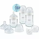 NUK Nature Sense Set di bottiglie di vetro | 3 biberon in vetro | indicatore di controllo della temperatura | aspiratore e ciuccio Genius | 0-6 mesi | bianco