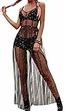 Loalirando Abito da donna, alla moda, trasparente, per feste, clubwear, bikini, Nero/paillettes, S