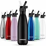 Proworks - Borraccia termica con cannuccia, 500 ml, mantiene le tue bevande calde o fredde più a lungo, gamma di stili, tutto nero con coperchio in cannuccia