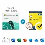 Microsoft 365 Family – Fino a 6 persone - Per PC/Mac/tablet/cellulari Abbonamento di 12 + 3 mesi - codice via email + Norton 360 Deluxe – 5 dispositivI – abbonamento 15 mesi – codice via email
