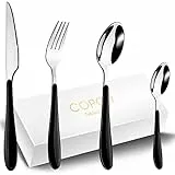 Set Posate da Posate Manico In Plastica 6 Persone, COPOTI 20 Pezzi Manico Nero Acciaio Inox Coltello Forchetta Cucchiaio Cena Set.
