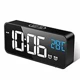 MOSUO Sveglia Digitale, Sveglia da Comodino con Temperatura e LED Grande Schermo, Orologio a Specchio con 2 Allarme, Snooze, Suoni e Luminosità Regolabile, Controllo Vocale, USB Ricaricare, Nero