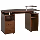 homcom Scrivania per Computer Moderna Porta PC in Legno con Cassetti, Scrivania Salvaspazio Con Libreria, Mensola Estraibile e Porta Tastiera, 120x55x85cm, Marrone