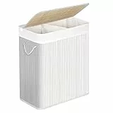 SONGMICS LCB64WT - Cesto portabiancheria con coperchio, 2 scomparti di ordinazione, borsa rimovibile, manici in cotone, volume 100 l, per lavanderia, camera da letto, bianco
