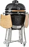 RedNeck Barbecue in Ceramica Kamado 21' PRO Nero | con Superficie di Cottura 47cm XXL | Componenti aggiuntivi in Acciaio Inox e Base con rotelle per Il Trasporto | Ripiani XL e Impugnatura in bambù