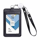 Wisdompro Porta Badge Retrattile, Portabadge Pelle con Cordino da Polso, 1 Finestra Trasparente, 1 Slot per Schede, Porta Tessera Badge per Infermiera, Impiegati, ecc.-Nero (Verticale)