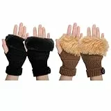 KQueenStar Guanti Senza Dita Donna, 2 Paia Guanti Senza Dita Invernali Caldo a Maglia Guanti Termici Guanti e Manopole Scaldabraccia e Manicotti Braccio Donna per Interni, All'aperto (Nero+Kaki)