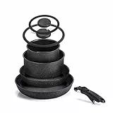 Moneta Etnea Minispace Batteria 7 Pezzi, Composta da 1 Manico Amovibile, Padella 24 e 28 cm, Casseruola 16 e 20 cm, Coperchio Vetro Bordo Silicone 16 e 20 cm, Alluminio