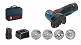 Bosch Professional 06019F200C Smerigliatrice Angolare GWS 12 V 76 (Sistema da 12 Volt, 2 batterie da 2.0 Ah, 5 Pezzi Set di Dischi da Taglio e Molatura, in Borsa), Blu, Size