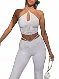 Siyova 2 Pezzi Tuta da Donna Sportiva Completo Palestra Donna Estivo Top Corto Allacciato Collo Senza Maniche ConAllacciata+ Pantaloni Tuta Yoga Aderende Backless (Bianco, L)
