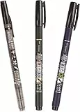 Tombow Fudenosuke - Pennarelli con punta morbida e rigida, confezione da 2 pezzi, nero (set per calligrafia), con doppia penna, nero/grigio