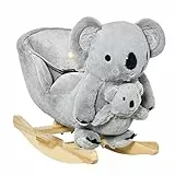HOMCOM Cavallo a Dondolo Koala con Suoni, Cavalluccio a Dondolo per Bambini 18-36 Mesi in Peluche Grigio e Legno, 60x33x50cm