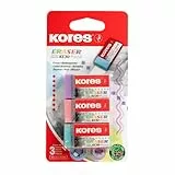 Kores - KE-30: Gomme in PVC con Rivestimento in Carta, Non Tossiche e Adatte ai più Piccoli, Articoli per la Scuola e l'Ufficio, 40 x 21 x 10 mm, Confezione da 3 in Colori Pastello Assortiti