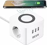 BEVA Multipresa Cubo, Ciabatta Elettrica con 3 Prese USB e 2 EU, Funzione di Ricarica Wireless, 2500W,10A, Cavo 1.5 m, Surge Protezione, Adatto per Viaggi, Casa e Ufficio (Bianca)