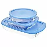 Amazon Basics - Set di pirofile da forno per cuocere e per conservare gli alimenti, con coperchi senza bisfenolo A, set da 3 pezzi, rettangolare, quadrata e rotonda